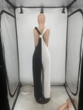 Women's Black And White Contrast V-Neck Straps Wide Leg Jumpsuit