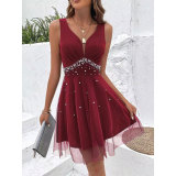 Women French Sleeveless Beaded Dress