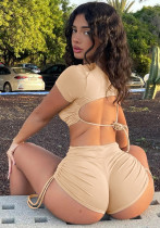 Women Round Neck Short Sleeve Top and Short Two-Piece Set