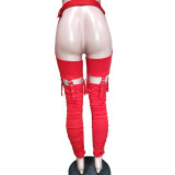 Women Sexy Belt Irregular Pleats Tight Pants