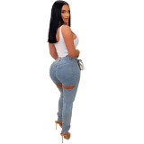 Women Casual Ripped Pearl Denim Pants