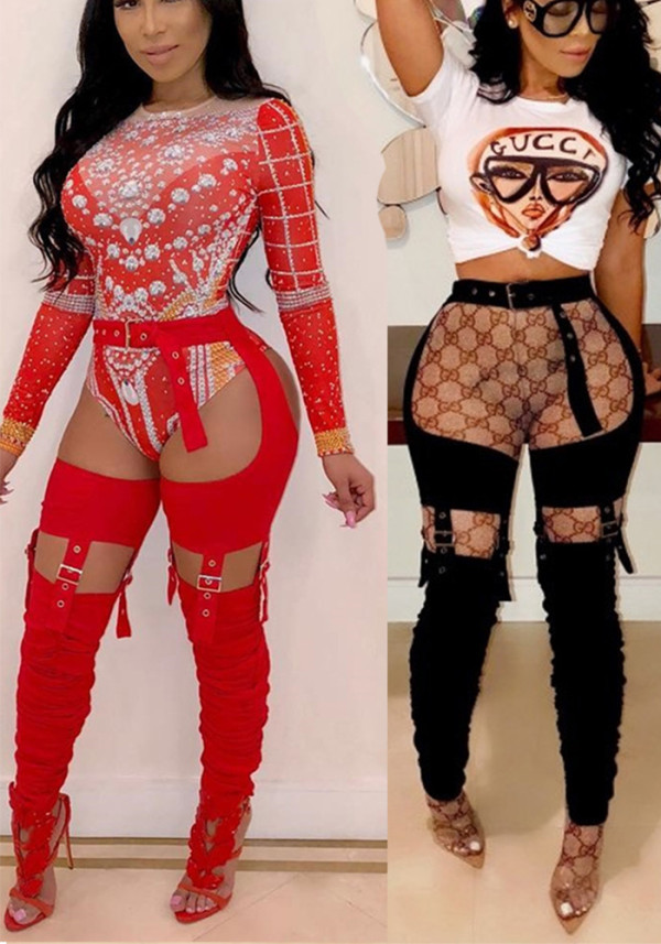 Women Sexy Belt Irregular Pleats Tight Pants