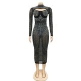 Women Mesh See-Through Beaded Strap Dress