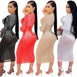 Women Mesh See-Through Beaded Strap Dress