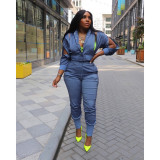 Women Style Zip Crop Coat and Pant Casual Denim Two-Piece Set