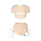 Women Round Neck Short Sleeve Top and Short Two-Piece Set