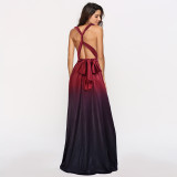 Women Sexy Gradient Crossover Backless Lace-Up Maxi Dress