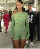 Women Bodysuit with Rhinestones Slash Shoulder Mesh Sexy Lingerie