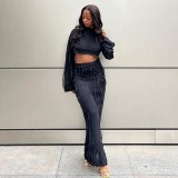 Women Fall Solid Round Neck Long Sleeve Crop Top and Skirt Two-Piece Set