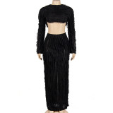 Women Fall Solid Round Neck Long Sleeve Crop Top and Skirt Two-Piece Set