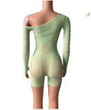 Women Bodysuit with Rhinestones Slash Shoulder Mesh Sexy Lingerie