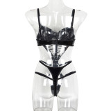 Women Teddy Pu Diamond Patchwork Crossover Lace-Up Sexy Onesie