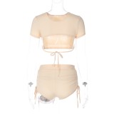 Women Round Neck Short Sleeve Top and Short Two-Piece Set