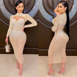 Women Mesh See-Through Beaded Strap Dress