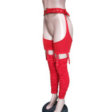 Women Sexy Belt Irregular Pleats Tight Pants