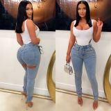Women Casual Ripped Pearl Denim Pants