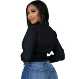 Women French Long Sleeve Casual Solid Turndown Collar Shirt