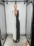 Women's Black And White Contrast V-Neck Straps Wide Leg Jumpsuit