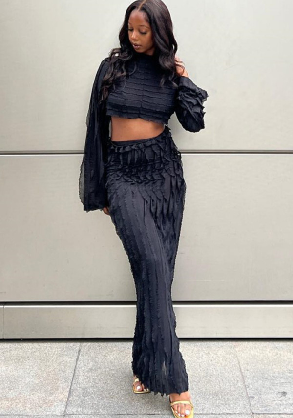 Women Fall Solid Round Neck Long Sleeve Crop Top and Skirt Two-Piece Set