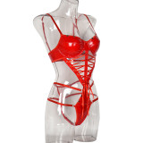 Women Teddy Pu Diamond Patchwork Crossover Lace-Up Sexy Onesie