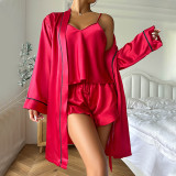 Women Summer Satin Suspenders Nightgown Loungewear Three-Piece