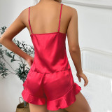 Women Summer Satin Suspenders Nightgown Loungewear Three-Piece