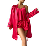 Women Summer Satin Suspenders Nightgown Loungewear Three-Piece
