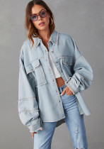 Women Casual Fall Washed Solid Denim Jacket