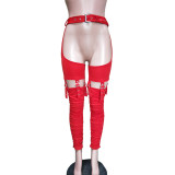 Women Sexy Belt Irregular Pleats Tight Pants