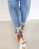 Women butterfly beaded Denim slit Pant