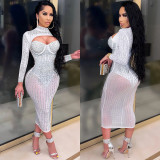 Women Mesh See-Through Beaded Strap Dress