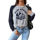 Spring And Autumn Print Contrast Color Round Neck T-Shirt