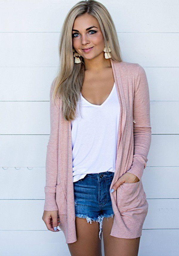 Women's Autumn And Winter Solid Color Long Sleeve Knitting Pocket Cardigan