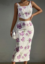 Women's Sexy Printed Camisole Slim Bodycon Skirt Two Piece Set