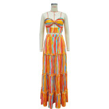 Ladies Fashion Striped Print Strapless Top Long Skirt Two-Piece Set