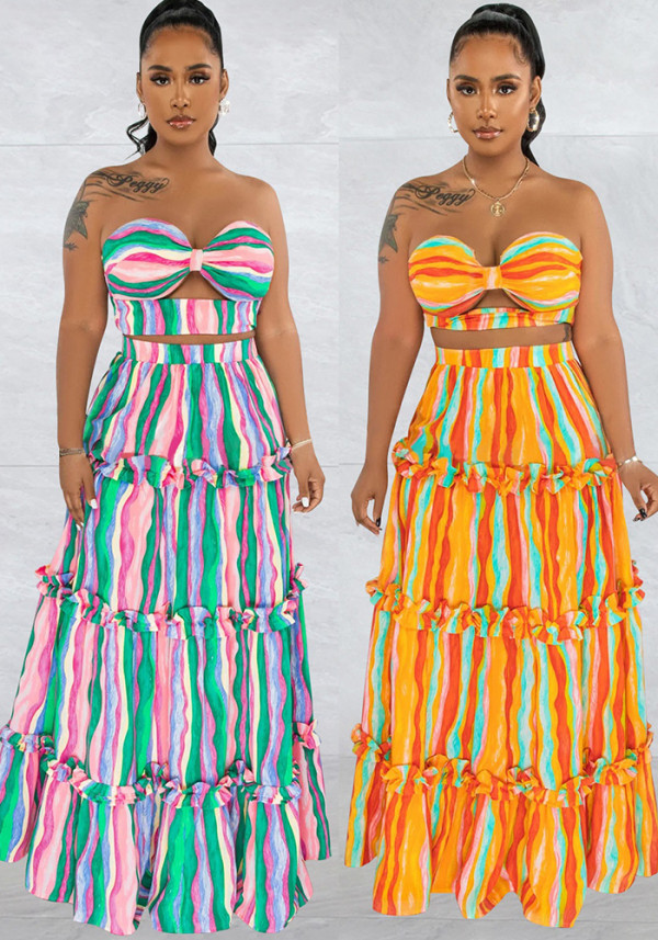 Ladies Fashion Striped Print Strapless Top Long Skirt Two-Piece Set