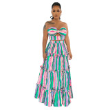 Ladies Fashion Striped Print Strapless Top Long Skirt Two-Piece Set