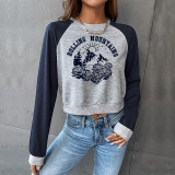 Spring And Autumn Print Contrast Color Round Neck T-Shirt