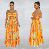 Ladies Fashion Striped Print Strapless Top Long Skirt Two-Piece Set
