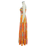 Ladies Fashion Striped Print Strapless Top Long Skirt Two-Piece Set