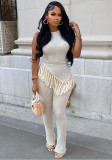 Women's Casual Set Irregular Fringe Sleeveless Tank Top High Waist Pants Set