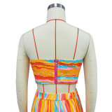 Ladies Fashion Striped Print Strapless Top Long Skirt Two-Piece Set
