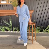 Plus Size Women loose long-sleeved shirt and slit wide-leg pants two-piece set