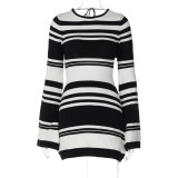 Women Knitting Stripe Bell Bottom Sleeve Tie Backless Sweater Dress