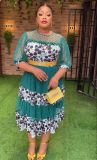Plus Size African Women Print Round Neck Patchwork Polka Dot Dress
