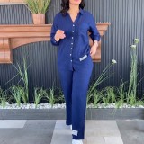 Plus Size Women loose long-sleeved shirt and slit wide-leg pants two-piece set