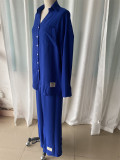 Plus Size Women loose long-sleeved shirt and slit wide-leg pants two-piece set