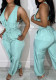 Women Solid V-Neck Pocket Zipper Patchwork Drawstring Jumpsuit