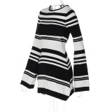 Women Knitting Stripe Bell Bottom Sleeve Tie Backless Sweater Dress