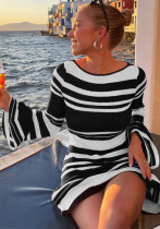 Women Knitting Stripe Bell Bottom Sleeve Tie Backless Sweater Dress